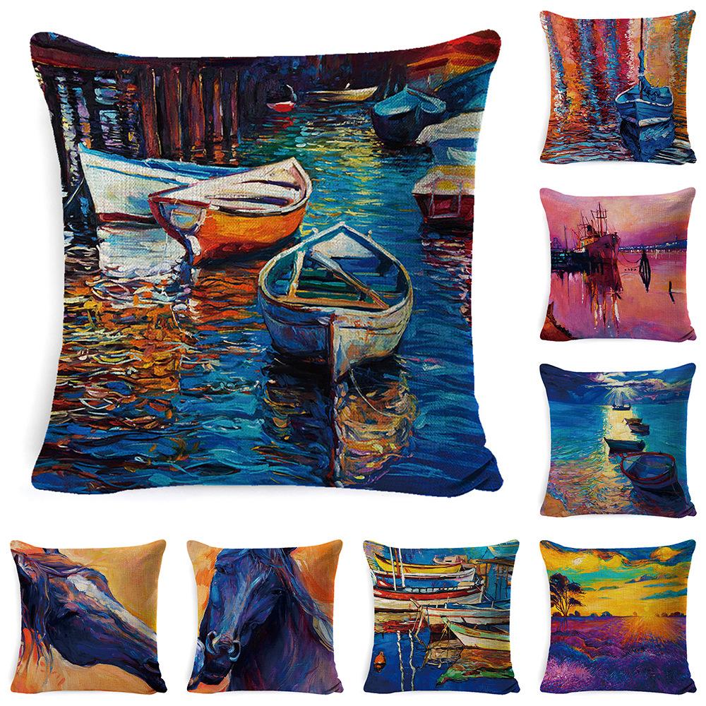 New Linen Pillow Cover Oil Painting Landscape Office Lumbar Pillow Cover Home Sofa Pillow Home Pillow