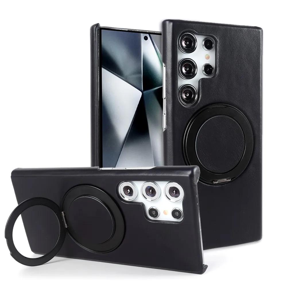 Luxury Genuine Leather Case For Samsung Galaxy S24 Ultra S23 S22 S21FE S20 Note20 S23FE Magnetic Ring Stand Bracket Phone Cases