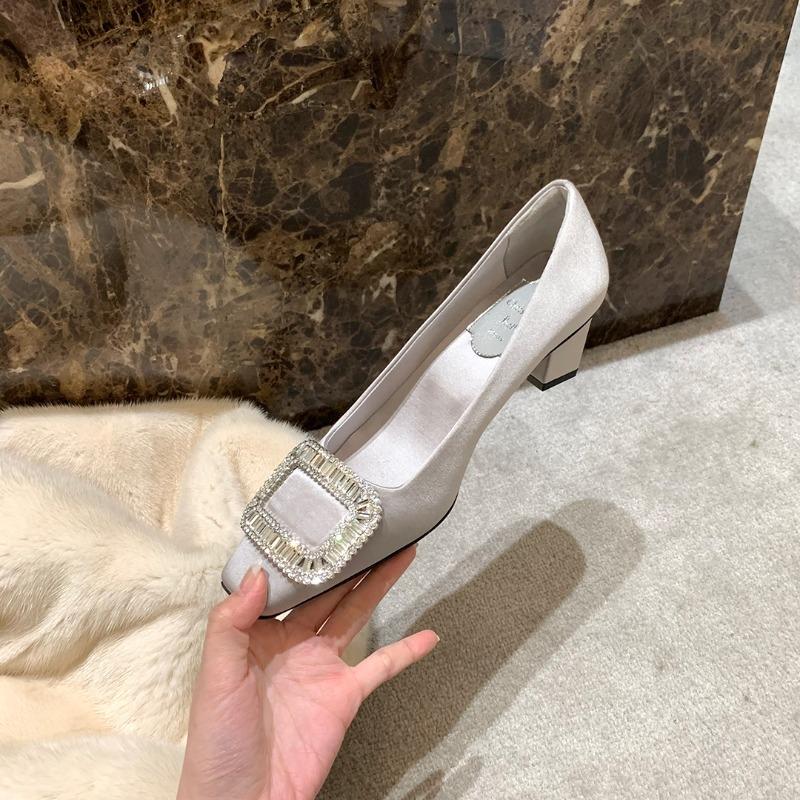 [] Dinner Party~ Silk Satin Rhinestone Square Buckle Shallow Mouth Middle Heel Square Head Single Shoes Women's Wedding Shoes