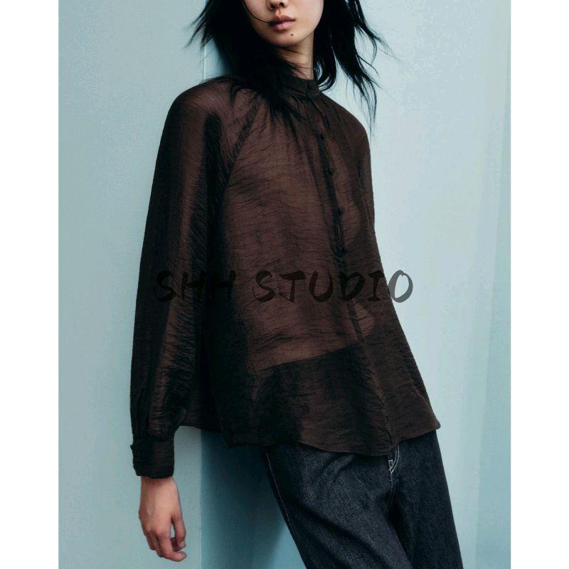 Autumn New Women's Clothing French Design Stand Collar Loose Long-Sleeved Bubble Sleeve Translucent Shirt 5029192
