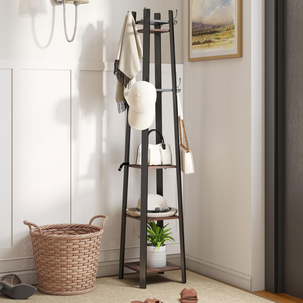 Coat Rack with 4 Levels, Free-Standing Clothes Stand, 8 Hooks, 4 Shelves, Industrial Style, Metal, Chipboard, Brown