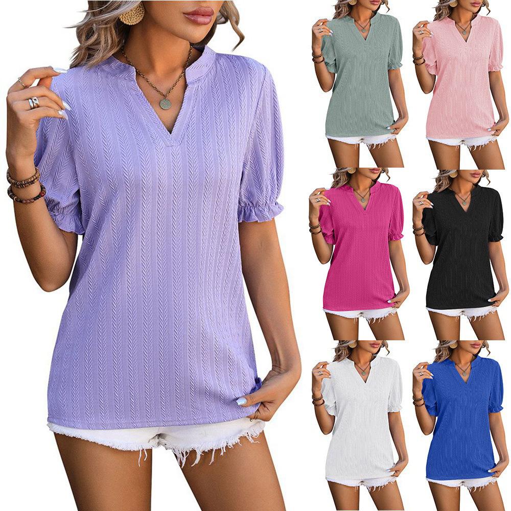 

Summer New Fashion Pure Color Wheat Ear T-Shirt V-neck Short-sleeve Top for Women S синий