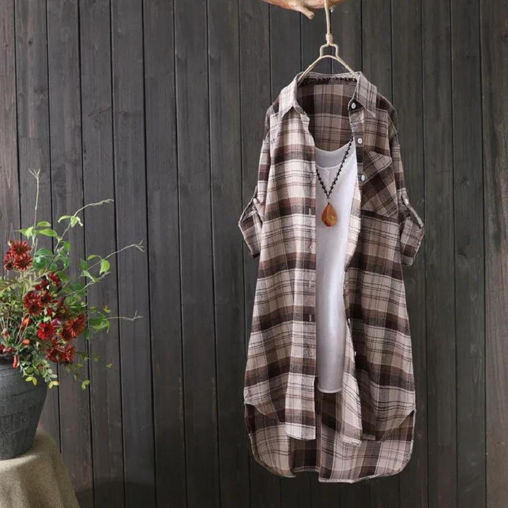 Camicia Lunga a Quadri Oversize Fresca da Donna con Collo a Punta, Misto Cotone, Tunica, Leggero Cardigan Copri Costume a Bottone Singolo per la Primavera