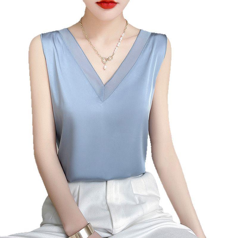 Damen Weißer Satin V-Ausschnitt Weste: 2025 Sommer Ärmelloses Freizeit-Top