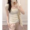 Pink Low U-neck Summer Right-shoulder Short-sleeved Knitted T-shirt for Women Slim-fitting Low-purity Sweet Hottie Short Small Flying Sleeve Top