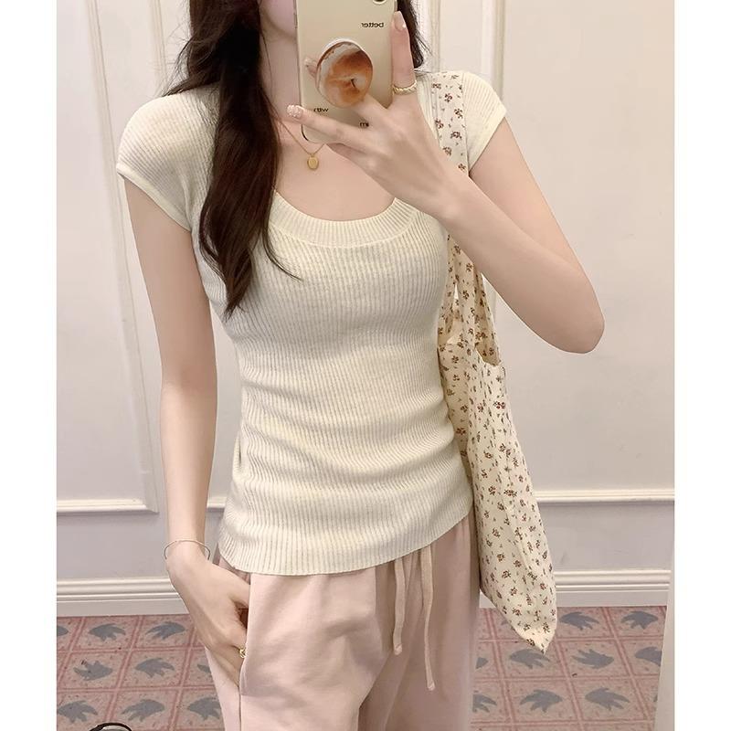 Pink Low U-neck Summer Right-shoulder Short-sleeved Knitted T-shirt for Women Slim-fitting Low-purity Sweet Hottie Short Small Flying Sleeve Top