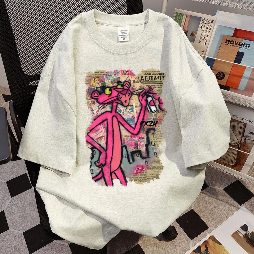 Dam sommar 2024 Lös passform Tecknad tryck Bomulls-T-shirt - Amerikansk stil, Kort ärm, Mångsidig för par, Finns i vitt och grått.