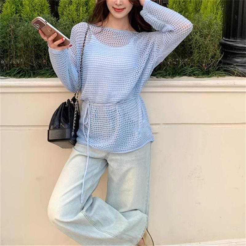 Sanftes Ein-Wort-Kragen lockeres hohles Design Taille zum Schnüren Bluse Damen lässig dünn Sonnenschutz Strickpullover Top