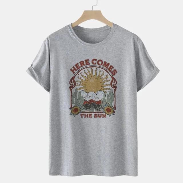 Summer Women Oversized Hippie Boho T Shirt Here Comes The Sun Graphic Tees Cotton Retro Tops Vintage Aesthetic Clothes Grunge