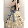 French Sweet Lolita Bow Splicing Dress Women High Waist A-Line Midi Party