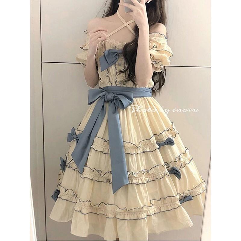 French Sweet Lolita Bow Splicing Dress Women High Waist A-Line Midi Party