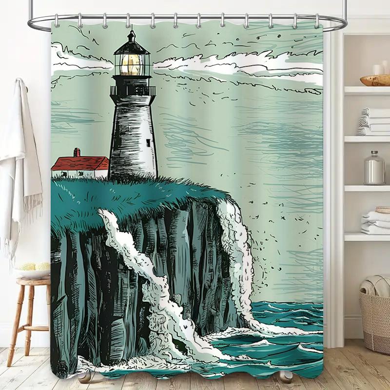 Vintage Lighthouse Waterproof Shower Curtain Set for Bathroom Decor Blue Ocean Waves Print Easy Install Rod Included (180x152cm)