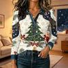Women's Christmas Print Long Sleeve Top - Casual Loose Fit Patchwork Shirt with Shoulder