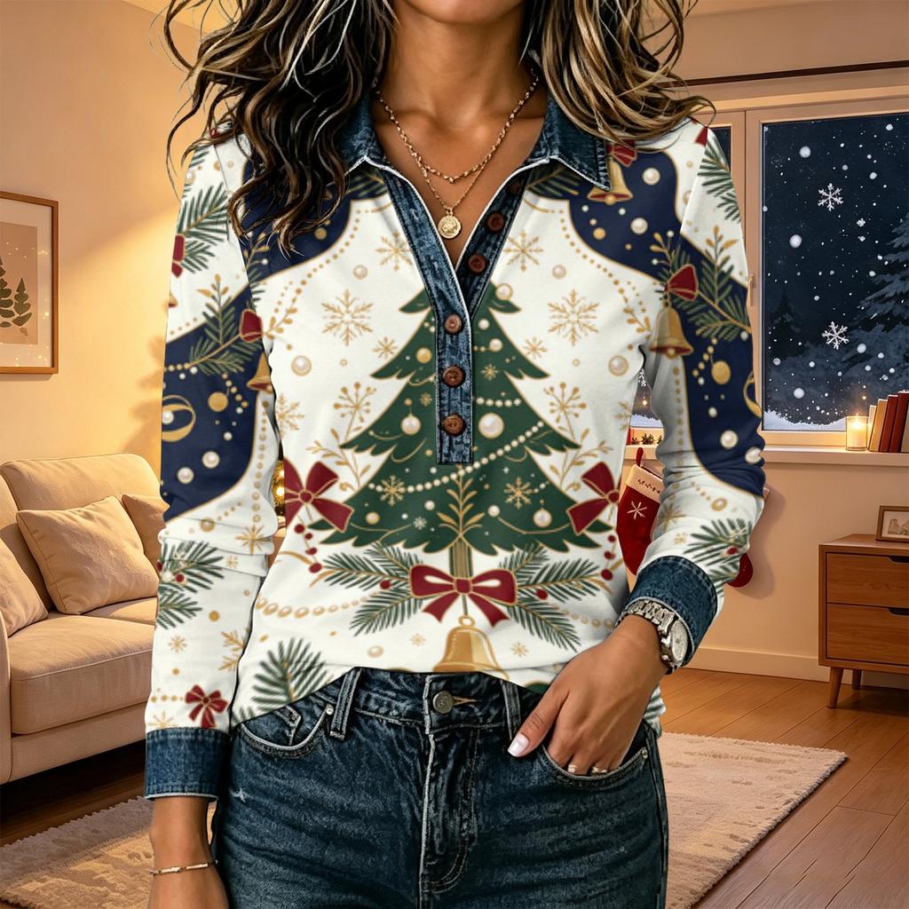 Women's Christmas Print Long Sleeve Top - Casual Loose Fit Patchwork Shirt with Shoulder