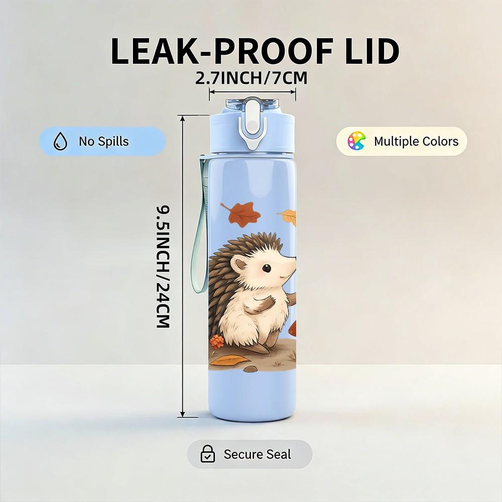 1PC Autumn Hedgehog With Leaves 750ml Color Plastic Sports Water Bottle Leakproof Flip Straw Lid Suitable for Sports Office Home Use