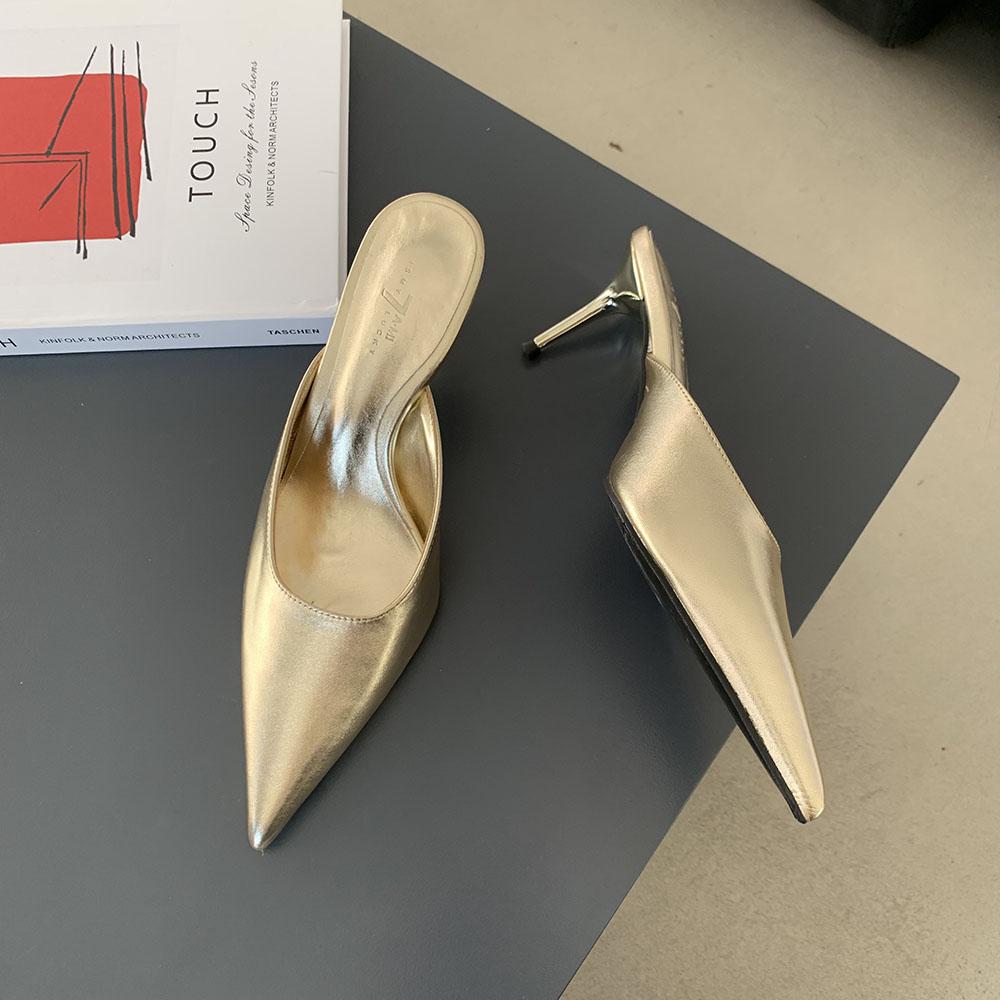 Fashion Pointed Toe Women Slides Slippers Outside Mules Shoes Black Gold Silver White Thin High Heels Summer Outside Mules Shoes Office