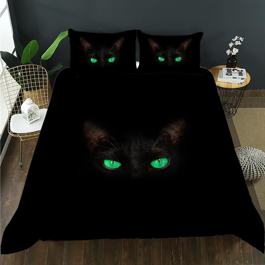 Black Cat Duvet Cover Set Gradient Line Cute Animal Bedding Set with Pillowcase Teens Kids Adults Room Decor Queen Duvet Covers