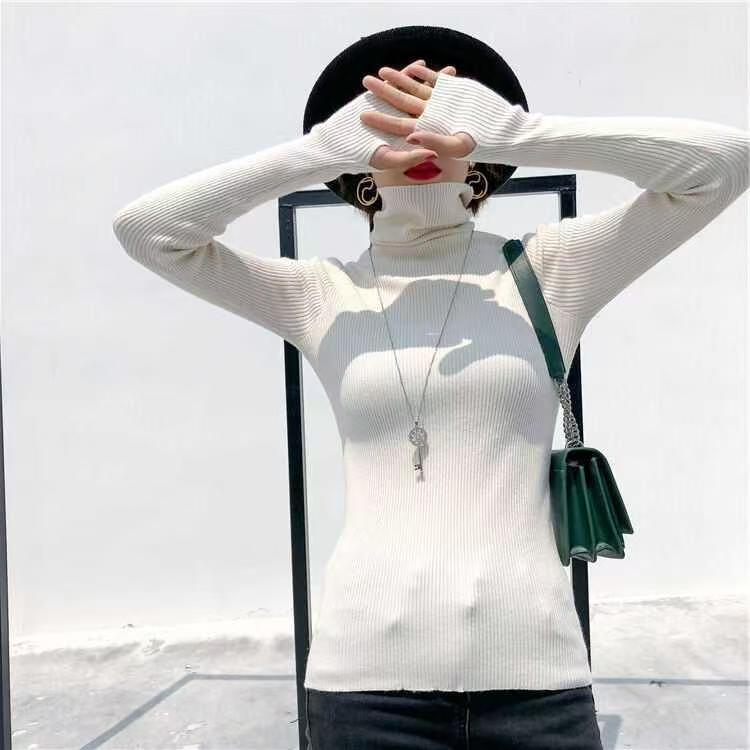 A New High-neck Base Layer for Women's Autumn and Winter, Featuring A Warm Long-sleeved, Slimming and Form-fitting Finger Knitted Top