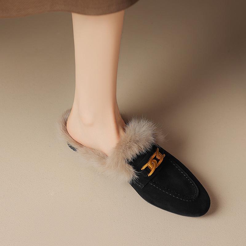 Women's Thick-Soled Fluffy Slippers - Matte Cotton Mules - Autumn/Winter Pointed Closed Toe Velvet Shoes