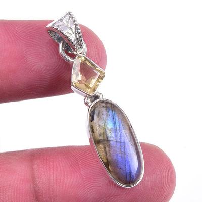 Natural Labradorite, Citrine 925 Solid Sterling Silver Gift Pendant 1.50'' B5O52