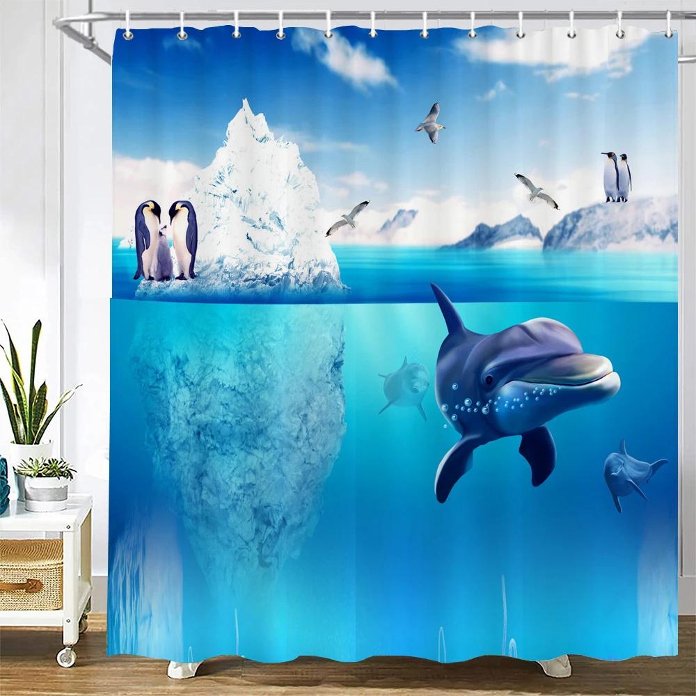 Dolphin Shower Curtain, Blue Underwater World Marine Life , Polyester Fabric Kids Ocean Theme Bathroom Decor Set with 12 Hooks