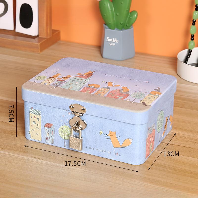 Iron Box with Lock and Key Desktop Storage Box Retro Tinplate Cosmetics ID Storage Household Jewelry Storage Empty Box