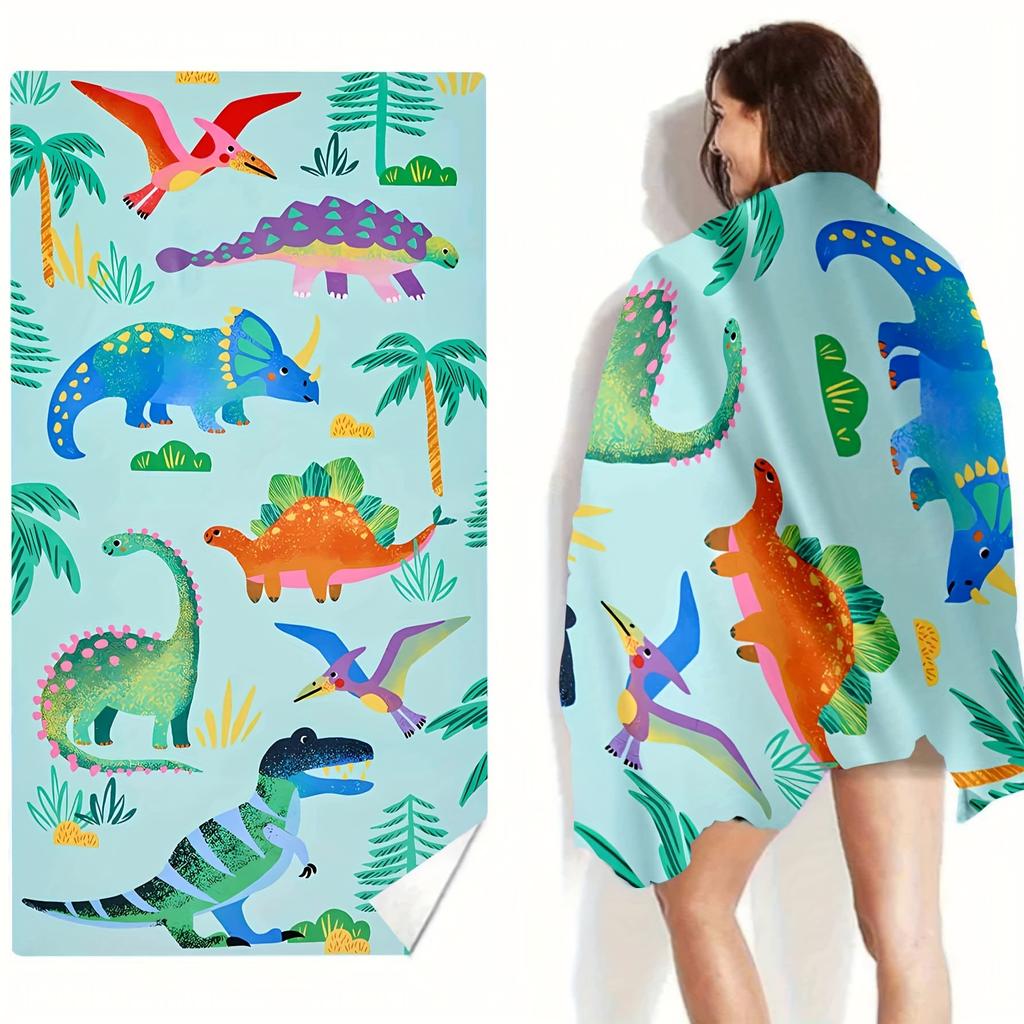 1pc Playful Dinosaur Print Polyester Beach Towel, 2D Printed, Festival-Ready, Quick-Drying/Soft, Ideal for Beach/Camping/Surfing