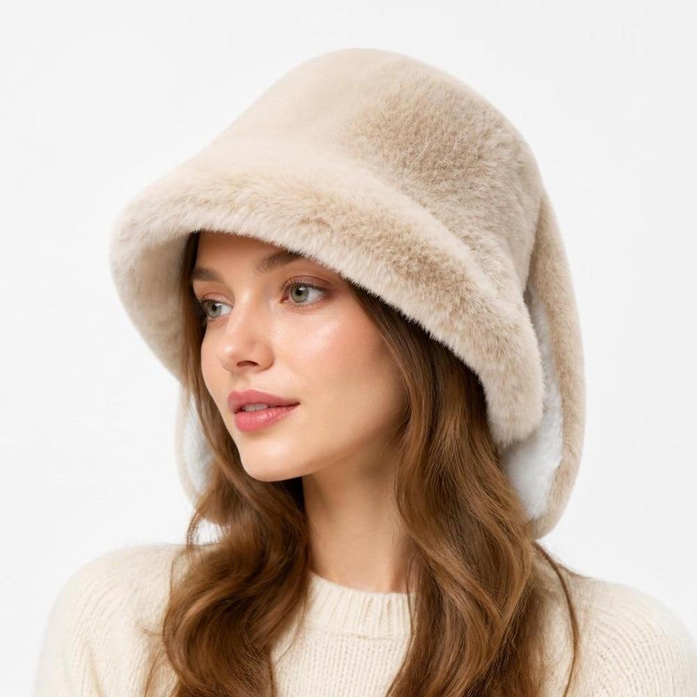 Solid Color Rabbit Ear Bucket Hat Winter Warm Pullover Hat Kawaii Fisherman Hat  For Women