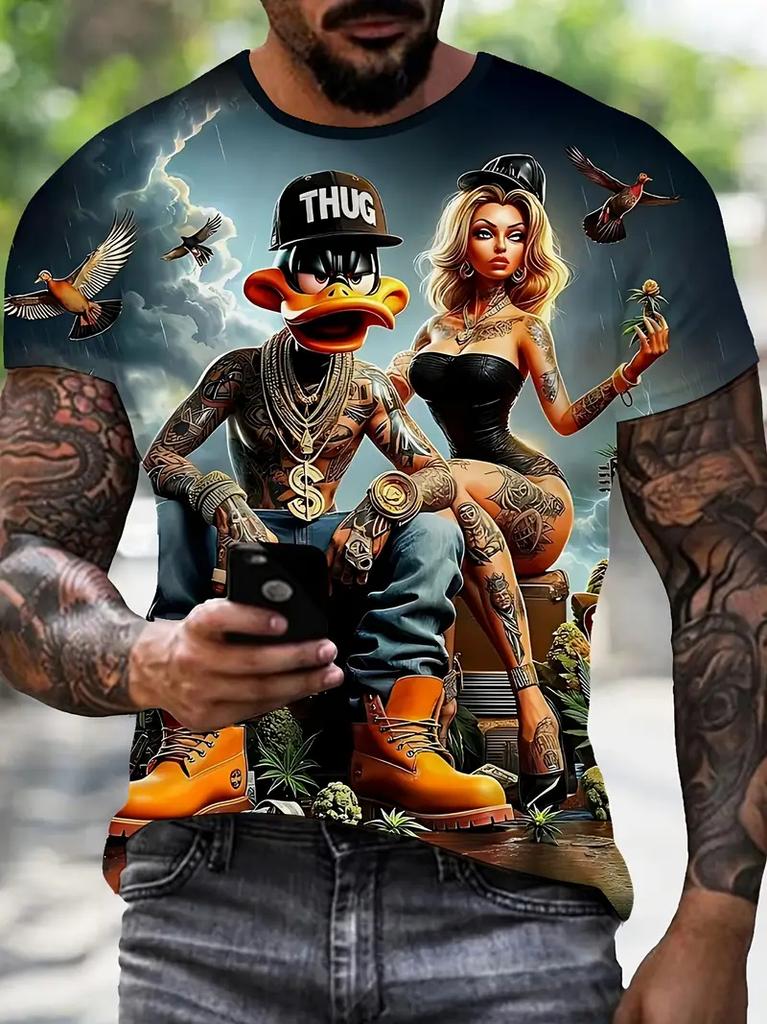 Fun Cartoon Duck Print Men's T-Shirt Casual Summer Casual Short Sleeve Pullover Fashion T-Shirts Outdoor Male Overszied Clothing