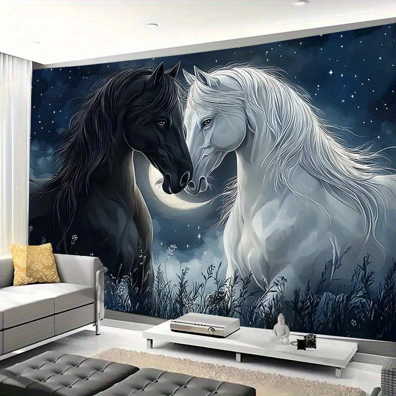 Black And White Horses Wall Tapestry Moon Night Sky Starry Field Art Decor For Living Room Bedroom Home Interior Design