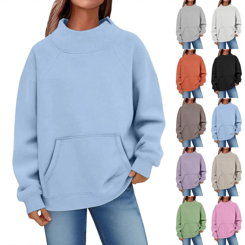 Women's Fashion Oversized Fleece-Lined Long-Sleeve High-Neck Pullover Solid Color Sweatshirt