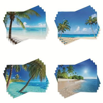 4pcs Tropical Beach Palm Tree Placemats Dining Table Decor Ocean Scene Kitchen Mat  For Home & Restaurant Outdoor Party Decor