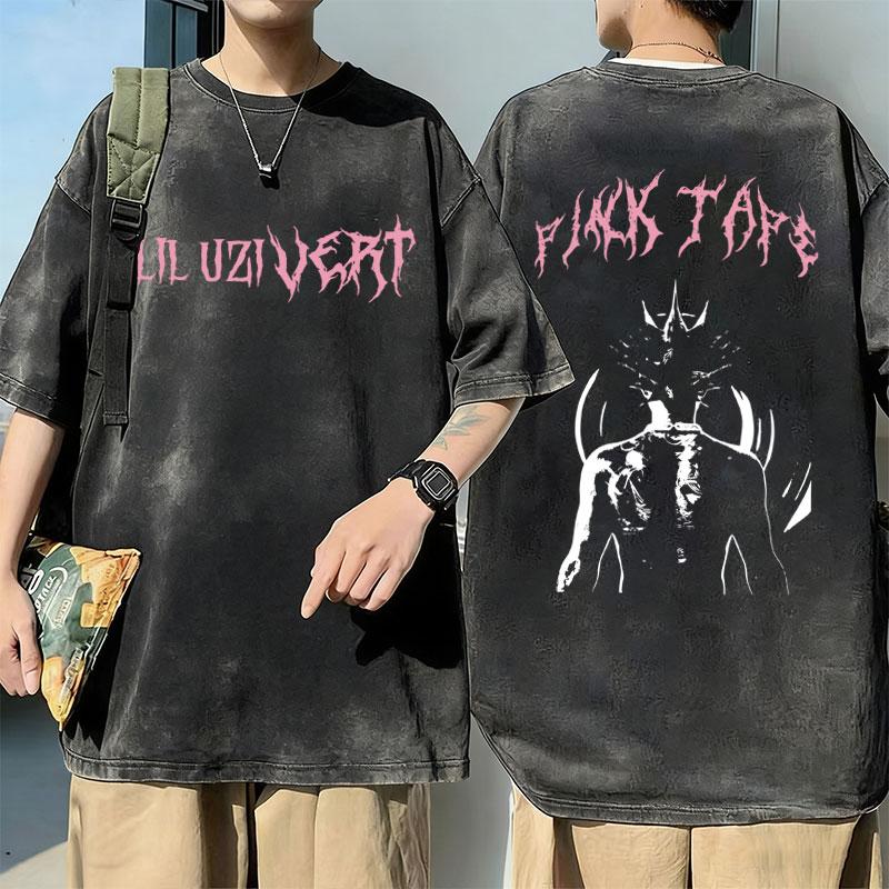 Rapper Lil Uzi Vert Pink Tape Vintage Washed Tshirt Men Women Hip Hop Fashion Pop Music Tshirts Male Cotton Oversized T Shirts