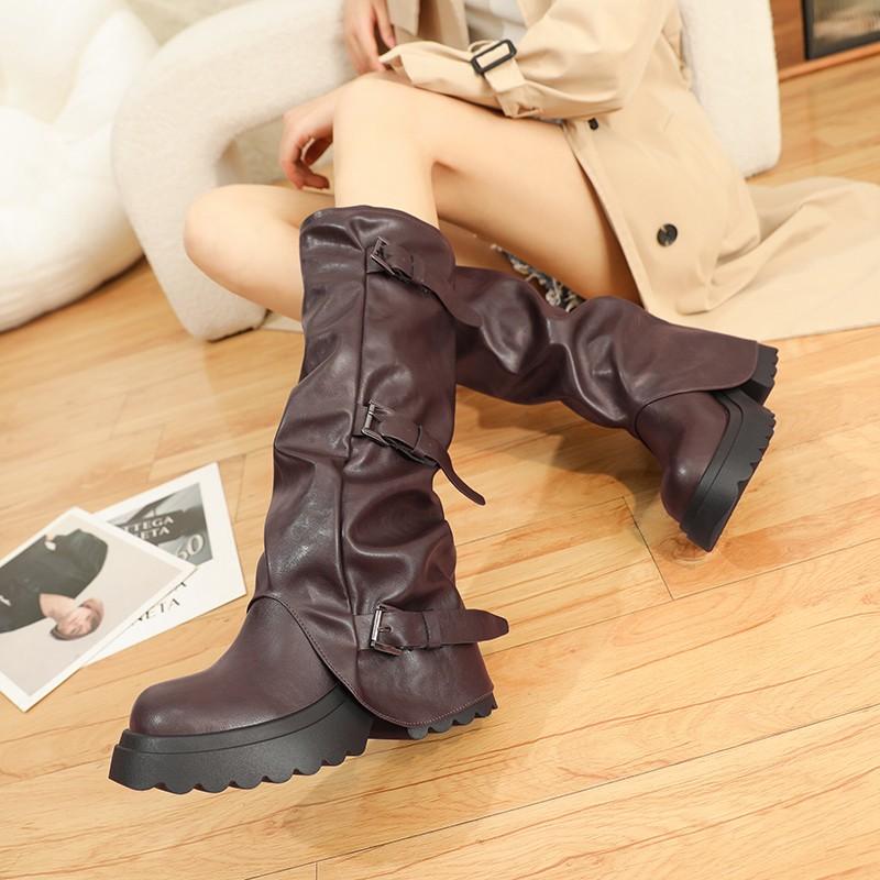 Herbst und Winter Neue Plateau Blockabsatz Mid-Schaft Stiefel Damen Runde Zehenpartie Metallschnalle Plateau Gürtelschnalle High Heel Stiefel