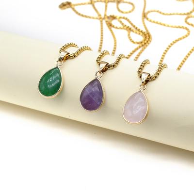 Women Necklace Natural Stone Rose Quartz/Amethyst Necklace Drop-Shaped Faceted Pendant For Women Birthday Gift Chain 60 CM