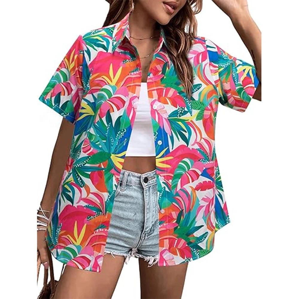 Letnia Moda Koszule z Krótkim Rękawem Damskie Hawajskie Kwiatowe Drukowane 3D Podstawowe Koszule Styl Plażowy Kurort Jednorzędowe Codzienne Koszule
