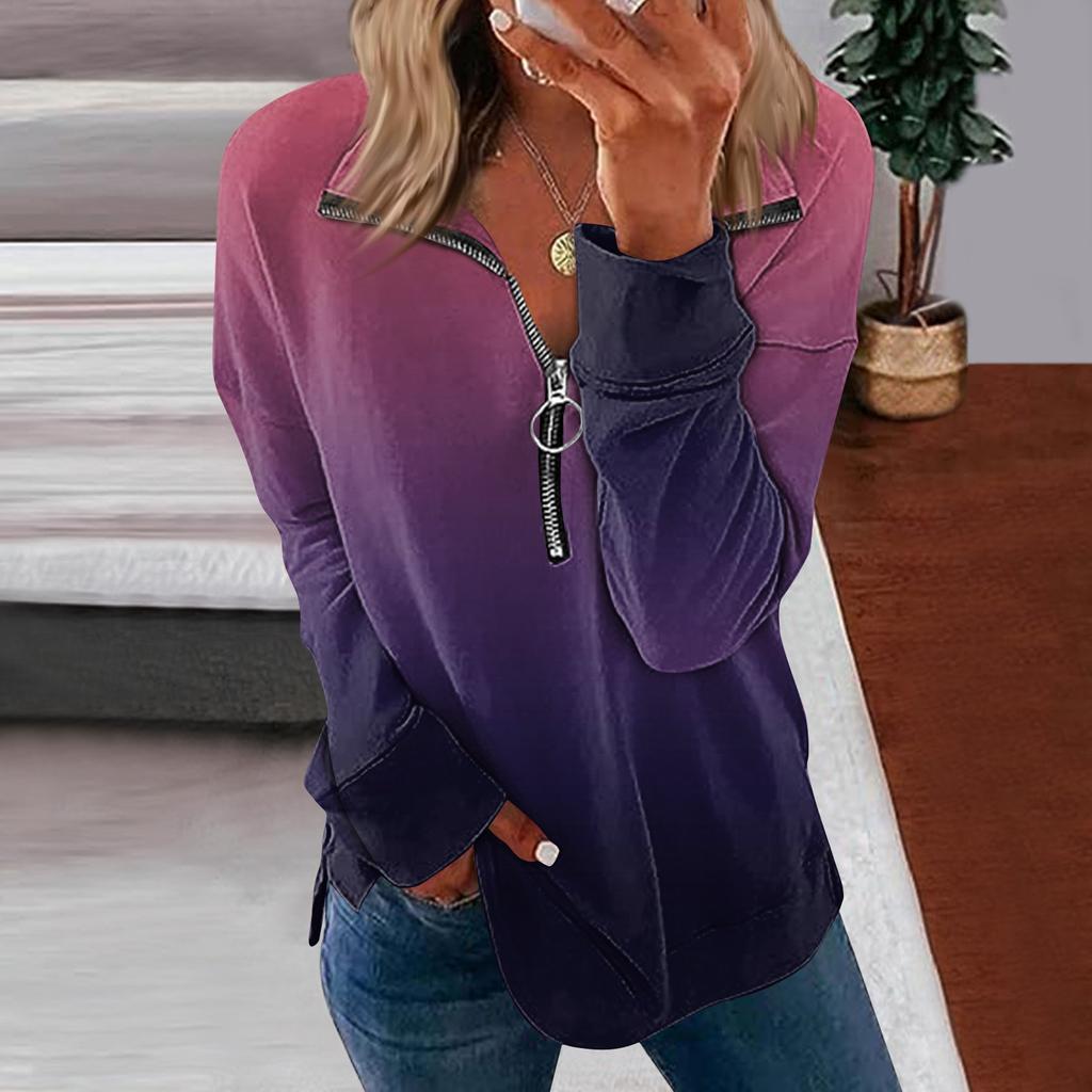 Haut à capuche à fermeture éclair imprimé dégradé à manches longues pour femmes