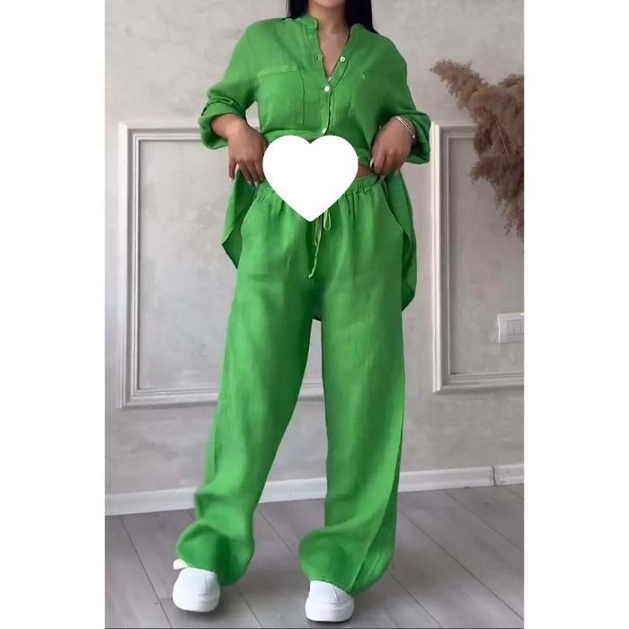 Women's Casual Two-piece Solid Color Cotton and Linen Shirt Wide-leg Pants Suit