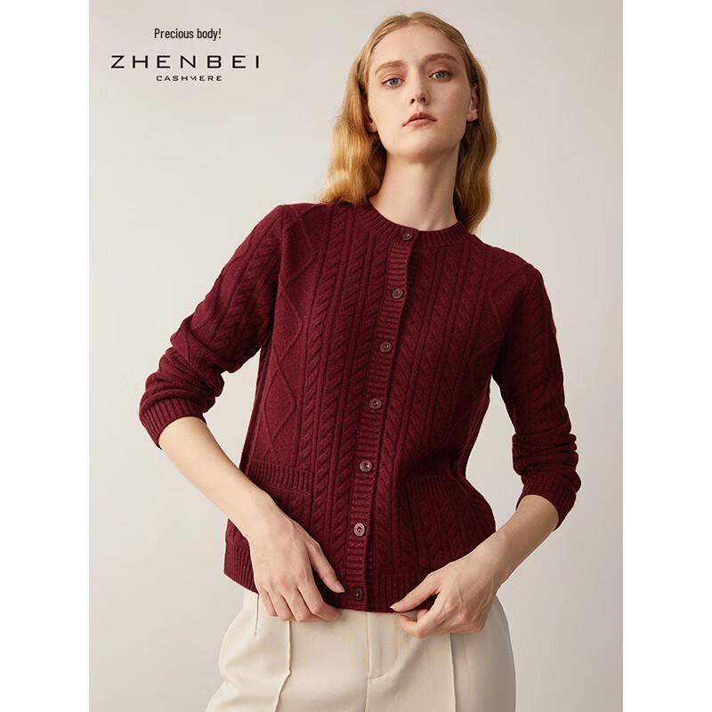 

Zhenbei Women s Round Neck Cable Knit Cashmere Cardigan Sweater M