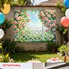 2D Romantic Rose Arbor Tapestry, Blooming Roses with White Picket Fence