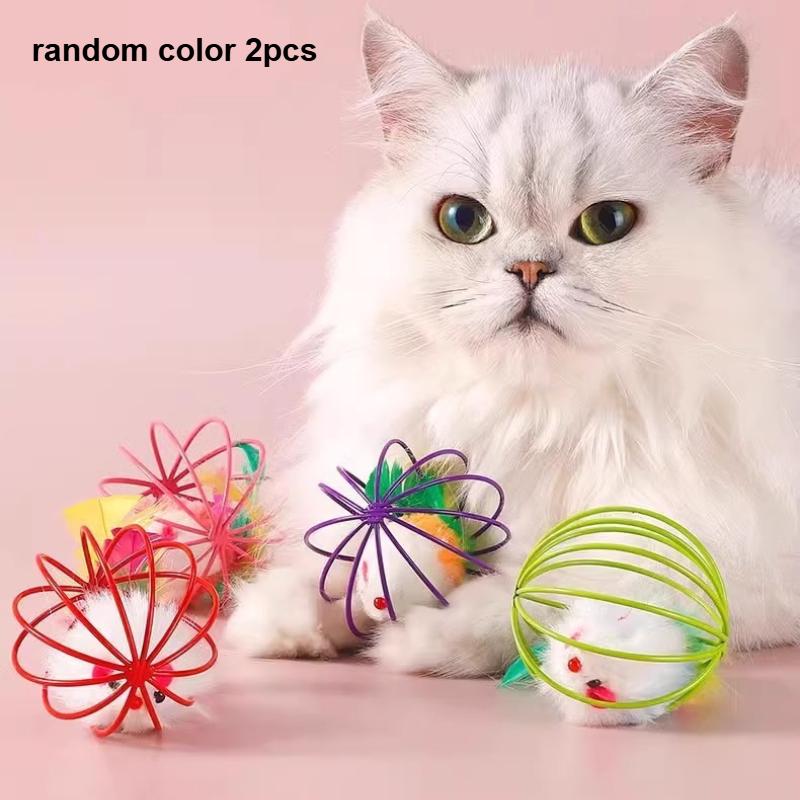 2pcs Caged Mouse Cage Cat Toy Wire Cage Mouse Colorful Simulation Feather Ribbon Simulation Feather Tail - Caged Mouse Teaser