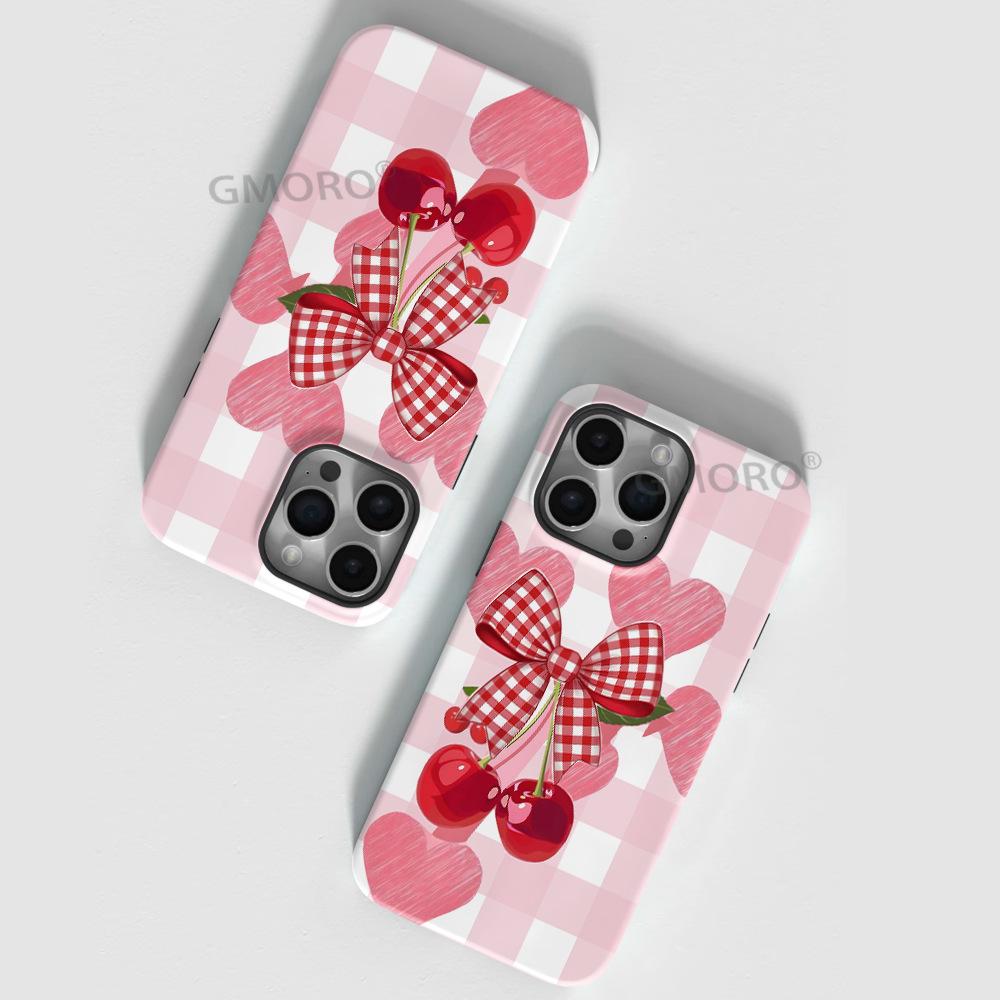 [Magsafe Magnetic Suction] Plaid Cherry Bow Film Case iP17PM Mobile Phone Case Apple 13 Protective Case