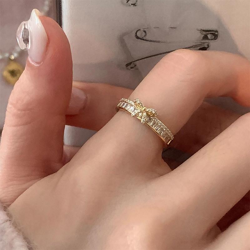 Elegant Korean Style Bowknot Zirconia Ring For Women Adjustable Fashion Accessory