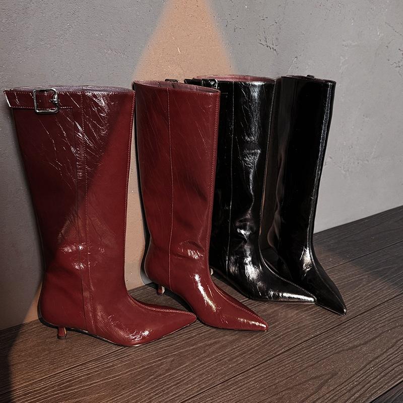 Fashion 2025 Autumn Women Boots Split Leather Women Shoes Pointed Toe Chunky Heel Slip-on Knee High Boots Western Modern Ladies boots
