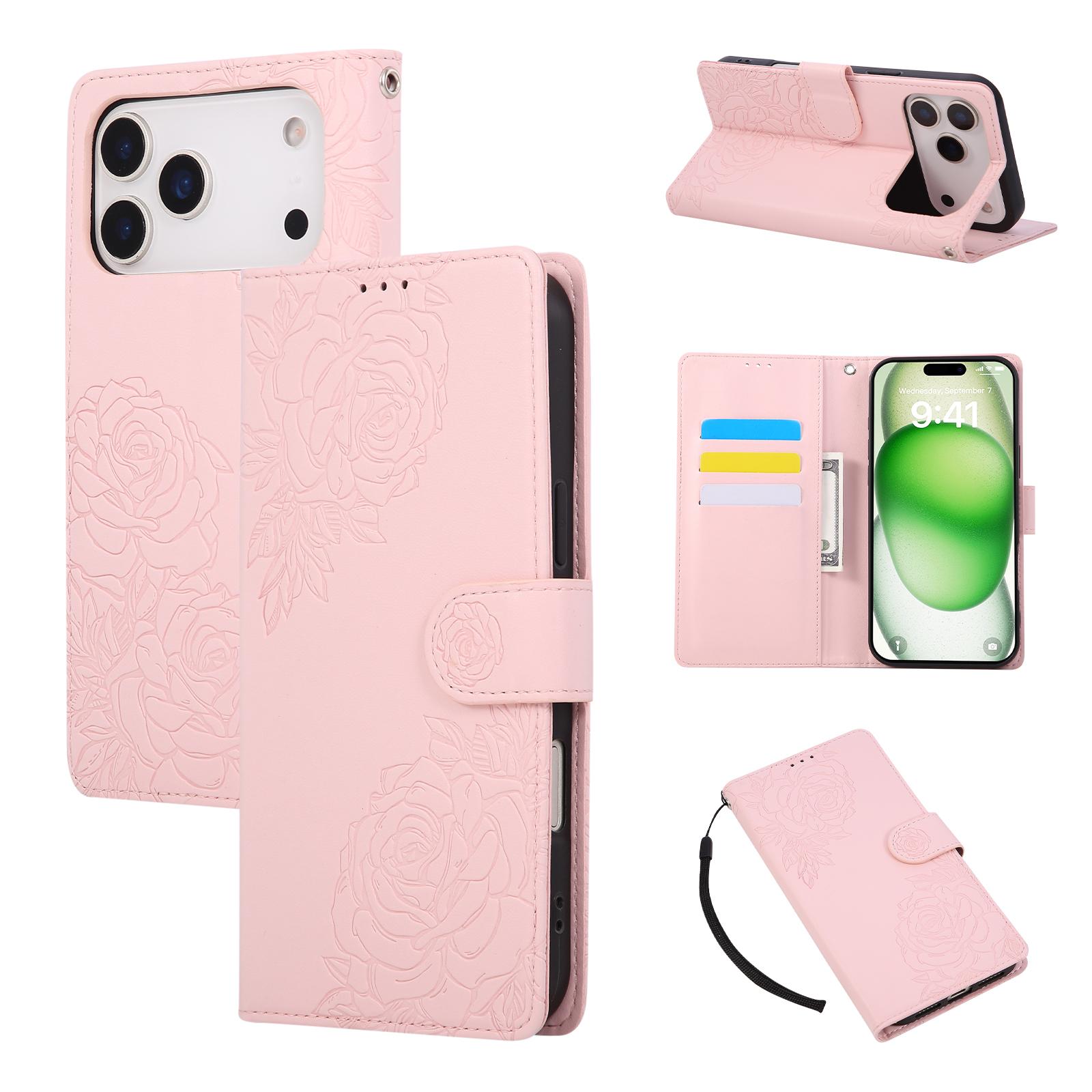 

For iPhone 17 Pro Max Case Rose Flower PU Leather Wallet Phone Cover with 3 Card Slots/Wrist Strap Rose Gold