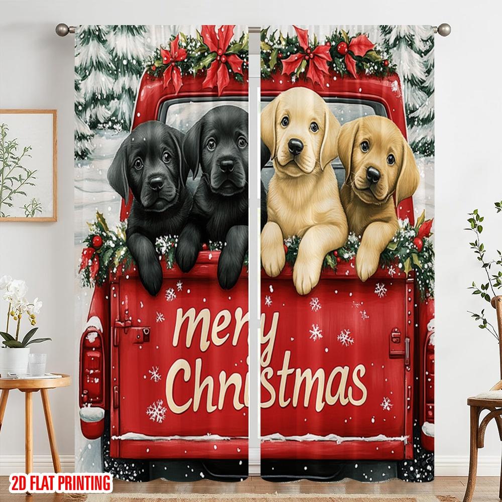 2pcs,2D Plane Printing Contemporary Curtains Cute Lab Puppies Christmas Truck (3) 100% Polyester (without Rod) Versatile All Use