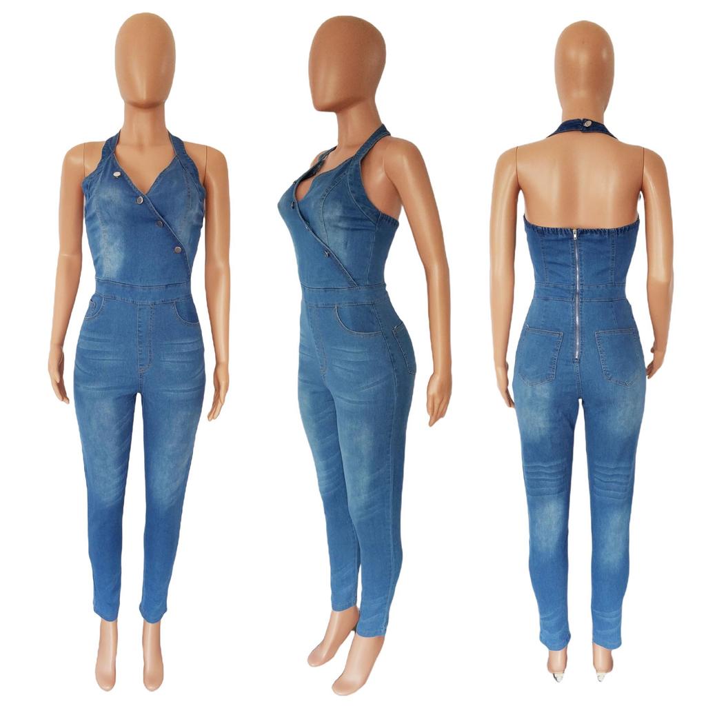 Europäischer und Amerikanischer Stil Schlankmachender Ärmelloser Neckholder Jumpsuit Jeans