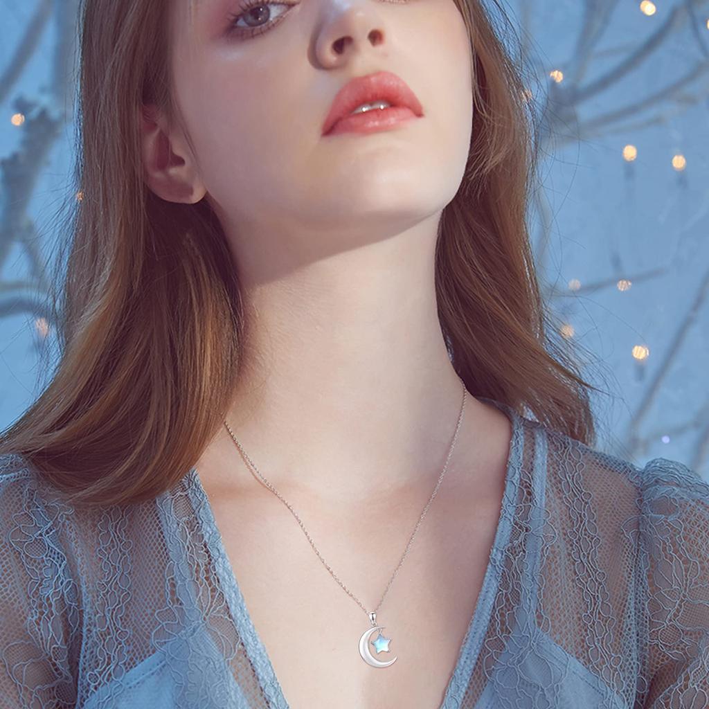 CUOKA MIRACLE Moonstone Necklace Moon Star Necklace 925 Sterling Silver Crescent Moon and Star Pendant Necklace Synthetic Rainbow Moonstone Star Moon
