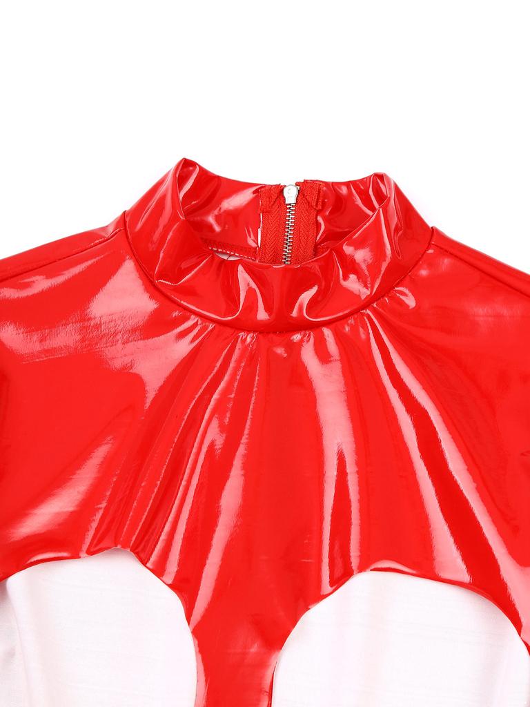 Top da donna con collo alto lucido in vernice, manica lunga, scollatura sul seno