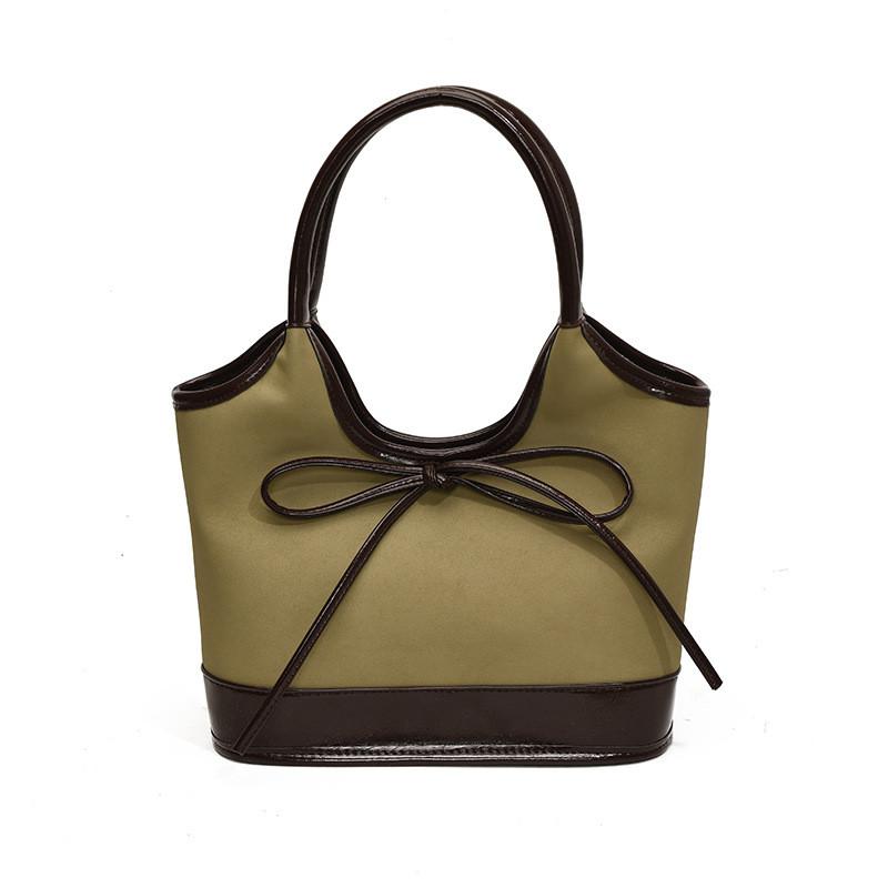 Elegant Color Block Bowknot Large Tote Bag Stylish Pu Shoulder Bag For Everyday Use